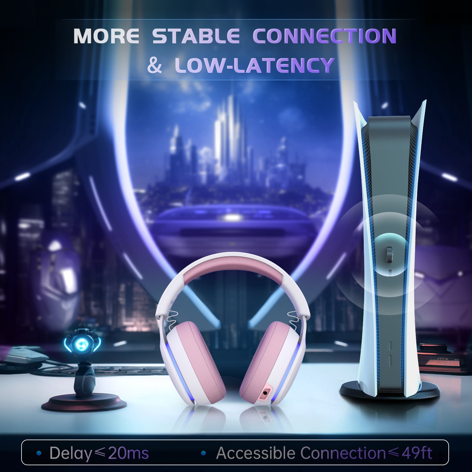 FFN Wireless Gaming Headset for PS5, PC, Switch, Mac with Bluetooth 5.2, 2.4GHz USB Gaming Headphones with Detachable Noise Canceling Mic,Stereo Sound,3.5mm Wired Mode for Xbox Series,Pink - Image 3