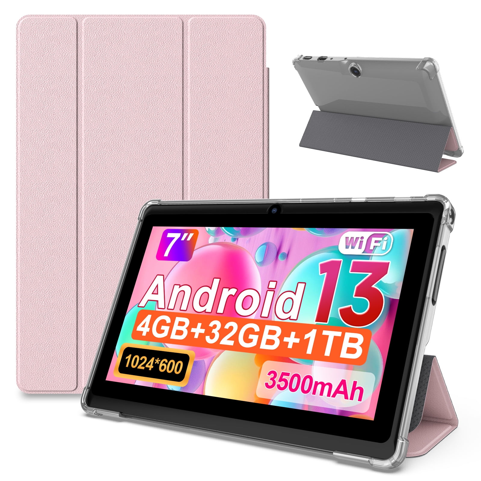 7 inch Tablet Android 13 Tablets with Case, 4GB+32GB+1TB Expand, Quad-Core, WiFi6, 3500mAh Battery, Dual Camera, Pink