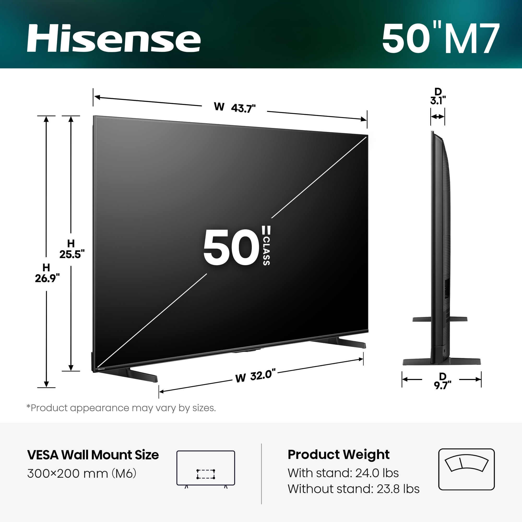 Hisense 50″ M7 Series Mini-LED QLED 4K UHD Smart Google TV (50M7QG, 2025 Model) – MiniLED, Hi-QLED, HDR10+, Dolby Vision, Dolby Atmos, AI 4K Upscaler, Game Mode Plus, ALLM, Google Assistant Built-in